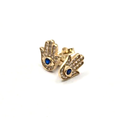 Hamsa Stud Earrings in 14K Gold and CZ