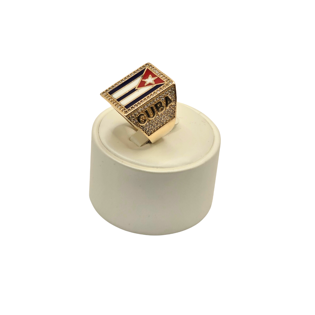 Bandera cubana Design Men's Ring in 14K Gold and CZ