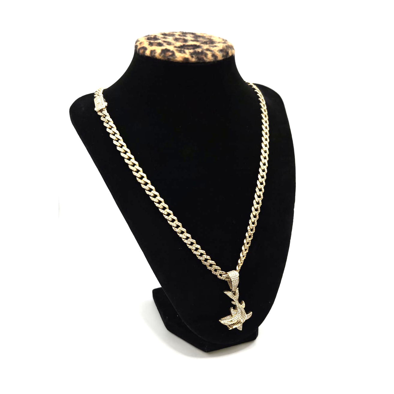Semi-solid Iced Out Chain with Shark Pendant in 14K Gold and CZ