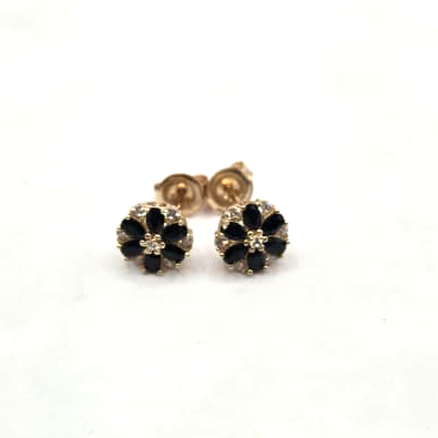 Black Stones Floral Stud Earrings in 14K Gold
