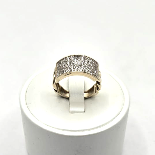Designer Women's Ring with Cuban Link Band in 14K Gold and CZ
