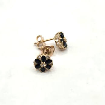 Black Stones Floral Stud Earrings in 14K Gold