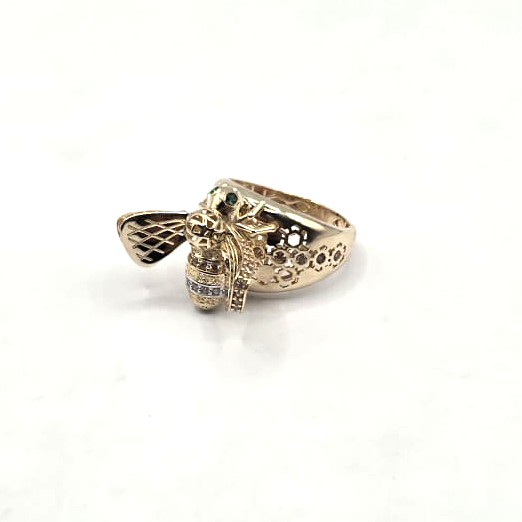 Bee Women's Ring with Circular Pattern Band in 14K Gold and CZ