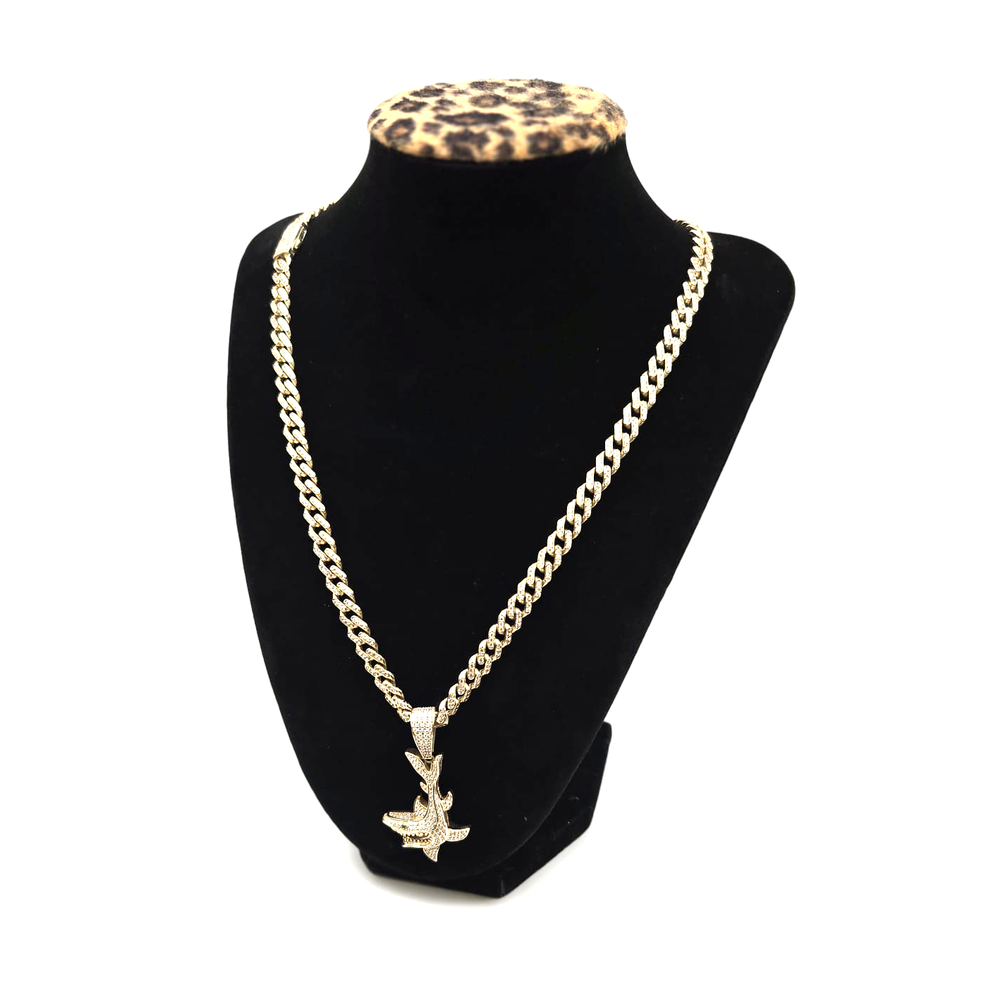 Semi-solid Iced Out Chain with Shark Pendant in 14K Gold and CZ