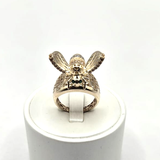 Bee Women's Ring with Circular Pattern Band in 14K Gold and CZ