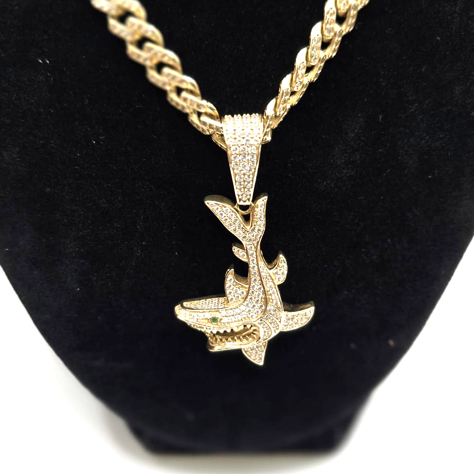 Semi-solid Iced Out Chain with Shark Pendant in 14K Gold and CZ