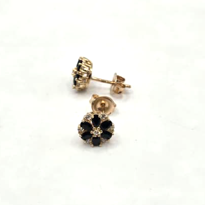 Black Stones Floral Stud Earrings in 14K Gold